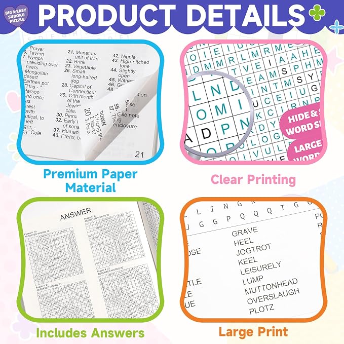 2 Pack Large WordSearch Puzzle Books for Adults Aging Seniors 6.5x9 Inches Word Find Puzzle Books with Large Print Words Activity Book Variety Themes Brain Games and Stress Relief
