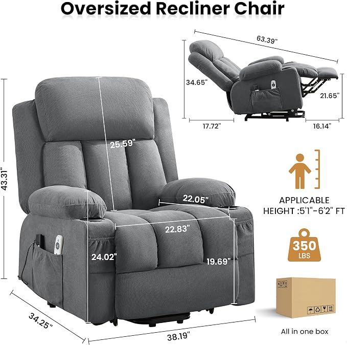 MAHOMICO Power Lift Recliner Chair for Elderly with Vibration Massage and Lumbar Heating Oversized Single Sofa with Cup Holder and USB Charge Port for Living Room