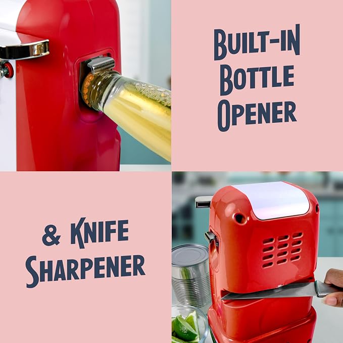 Nostalgia Retro Electric Can Opener for Kitchen with Magnetic Lid Remover, Knife Sharpener, and Soda or Beer Bottle Opener, Red