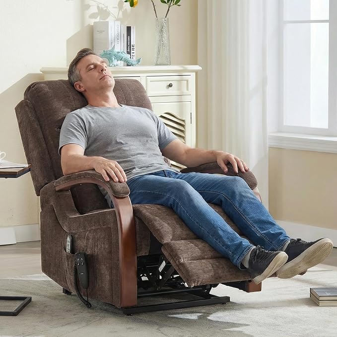 Power Lift Recliner Chair for Elderly People, Dual Motor Lift Chair with Vibration Massage and Heat, Lay Flat Recliner with Solid Wood Armrest, Standing Assistance Reclining, Chenille Fabric Brown