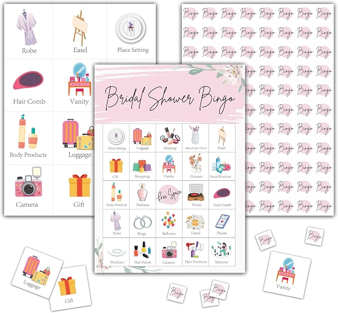 Bridal Shower Bingo Games - Blush Pink Floral Bingo Card - 24 Players Bingo Game Set for Adult Family Friends - Bachelorette Party / Wedding Shower Activities - Engagement Party Favors Supplies -C03