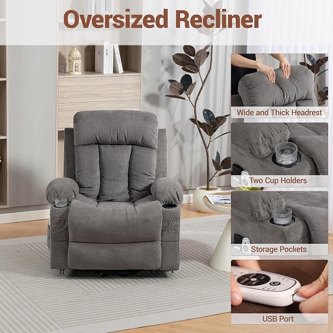 Power Lift Recliner Chair for Elderly, Electric Lift Chair with Vibration Massage and Lumbar Heat, Reclining Chair with USB Charging Port, Cup Holders, Ergonomic Sofa for Living Room, Grey