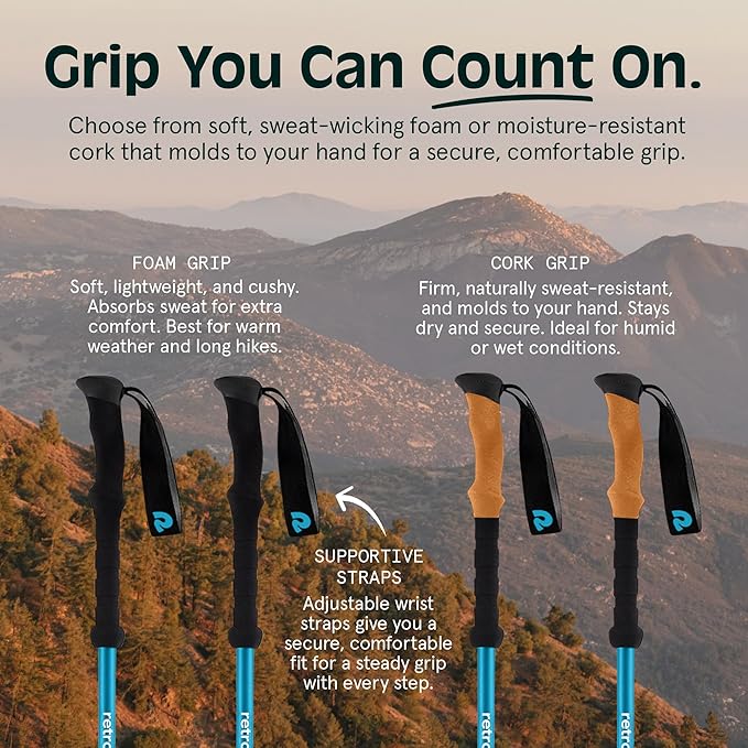 Retrospec Solstice Hiking Poles for Men & Women - Adjustable and Collapsible Lightweight Walking & Trekking Sticks - Aluminum w/Cork or Foam Grip