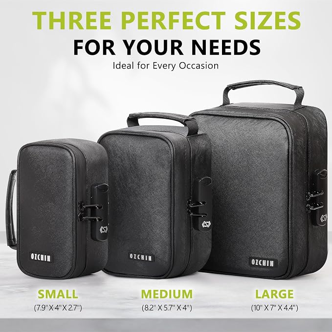 OZCHIN Smell Proof Bag with Combination Lock Tobacco Pipe Pouch Bag File Organizer Case Container Medicine Lock Box Odorless Storage Bag Great Gift for Friend (Black, L)