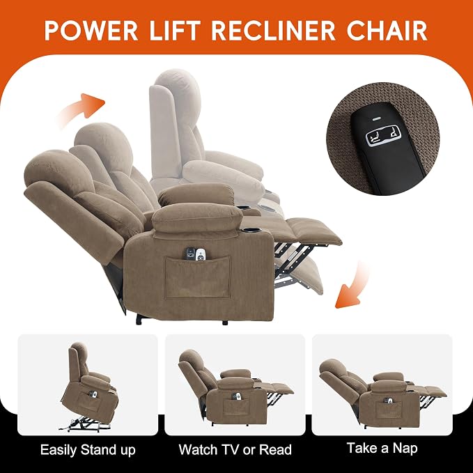 Ketaiyou Electric Power Lift Recliner Chair Sofa with Massage and Heat for Elderly, USB and Type-C Ports, Cup Holders, Infinite Position (Coffee 2, Regular)