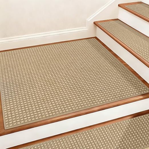 DEXDE Stair Treads Landing Mat 30"x30" Non-Slip, Beige 1pcs | Chenille & Linen Matching Mat for Wooden Steps Indoor, Carpet Stair Rugs Backing Washable Self-Adhesive Stair Carpet