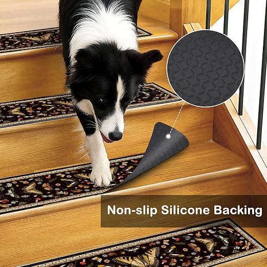Moth Mushroom Stair Treads 15 Pack Non Slip Washable Stair Runner | 15PCS Moth Runners Non Slip Washable, Forest Mushroom Carpet Stairs, 8x30 Inch Silicone Backing