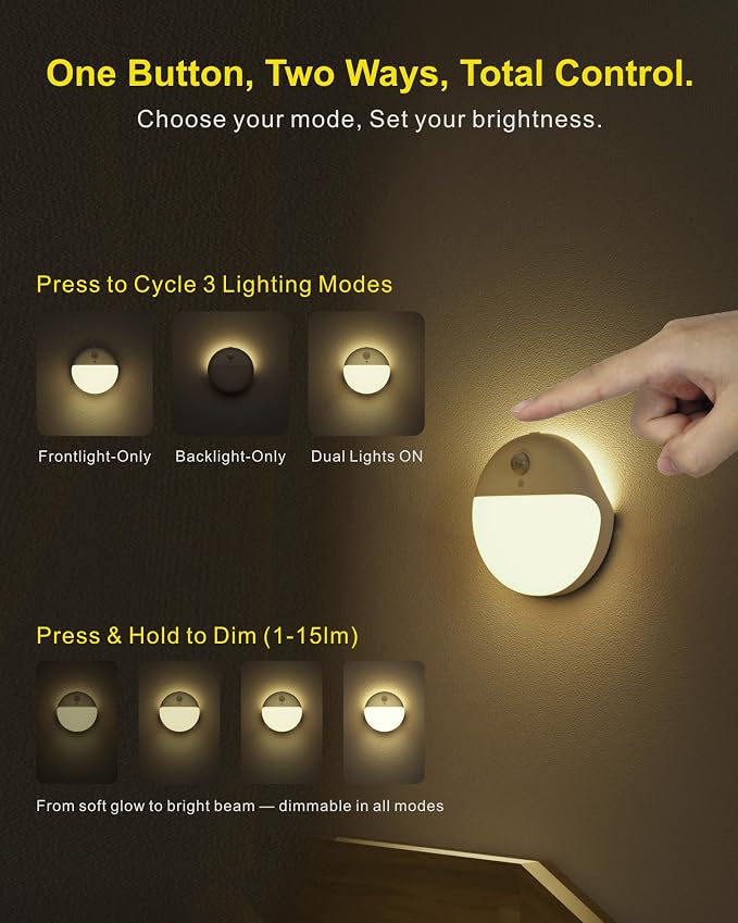 2 Pack Motion Sensor Night Light, Gold Yellow, 3 Lighting Modes, Stepless Dimming, Battery-Powered, Dimmable LED, Suitable for Bedroom, Bathroom, Stairs, Corridors, Closets | 3 Modes, Dimmable 1-15lm, Soft Gold Yellow, Smart Bulbs, Wireless Motion Acti...