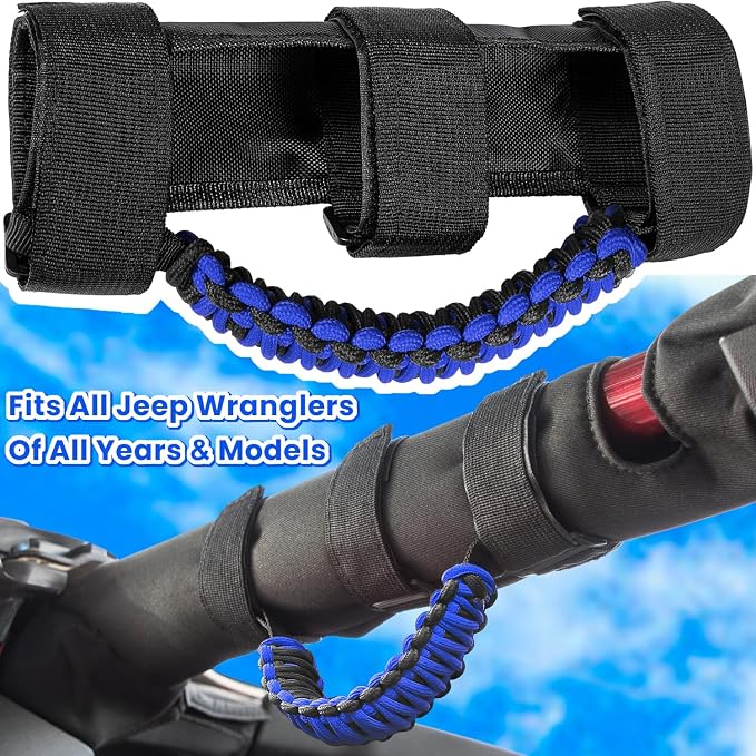 E-cowlboy Roll Bar Grab Handles Grip Handle for Jeep Wrangler JK JKU JL JLU TJ YJ Sports Sahara Freedom Rubicon Unlimited Gladiator JT 1955-2023 UTV ATV Accessories Premium 550 Paracord (Blue 2 Pack)
