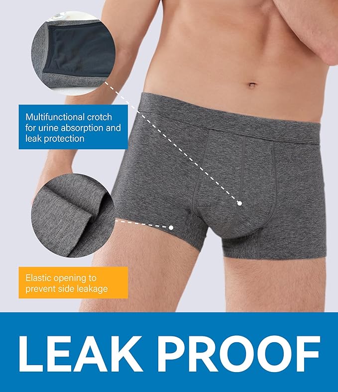 Mens Incontinence Underwear Washable Leak and Odor Protection 60ml Absorbency Covered Waistband Boxer Briefs 3 Pack (3 Dark Gray, L)