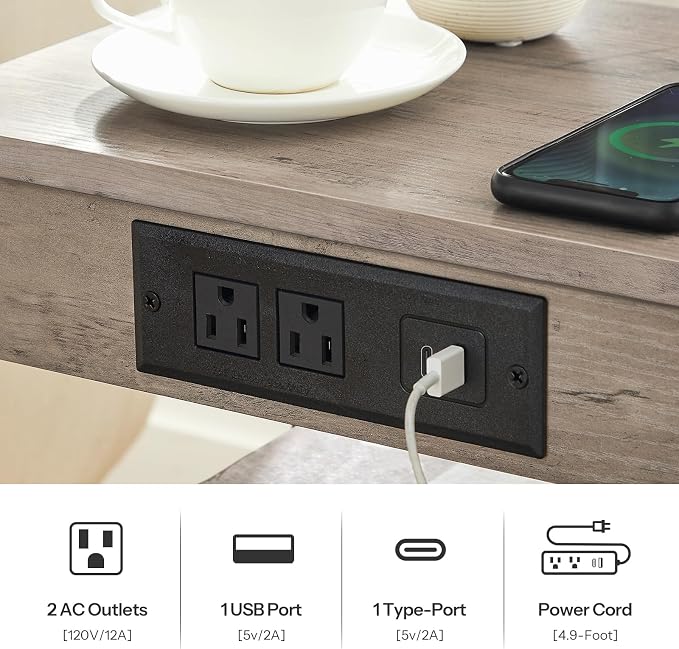HOOBRO Side Tables Set of 2 with Charging Station and USB Port, Small End Tables for Small Space, 3-Tier Nightstands with Adjustable Shelf, for Living Room, Bedroom, Greige and Black BG112BZP201