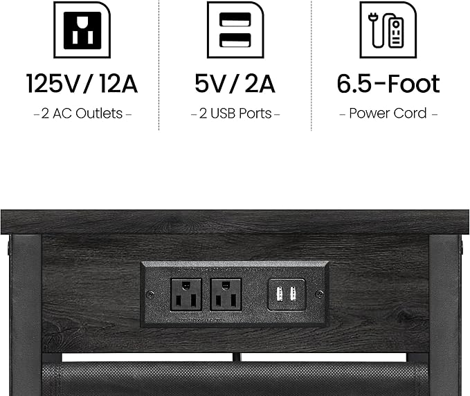 TUTOTAK C Shaped End Table with Charging Station, Side Table for Sofa | Couch Table with Storage Bag, TV Tray with 2 USB Ports and Outlets, Set of 2, Living Room and Bedroom, Grey TB01BY0242