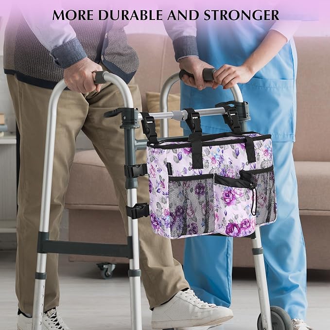 Walker Accessories for Folding Walker Seniors with Cup Holder Walker Bag Organizer Pouch Storage Buckle Carry Things