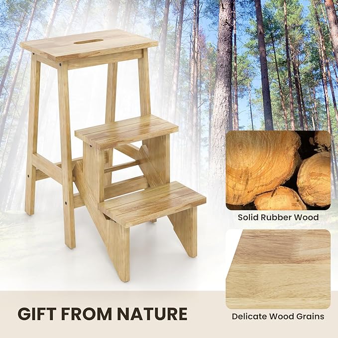 Costzon Folding 3 Step Stool, 3 in 1 Wooden Step Ladder with Handle, Non-Slip Pedal, Multifunctional Storage Shelf, Flower Rack for Kitchen, Library, Garage, Foldable Step Stool for Adults Kids