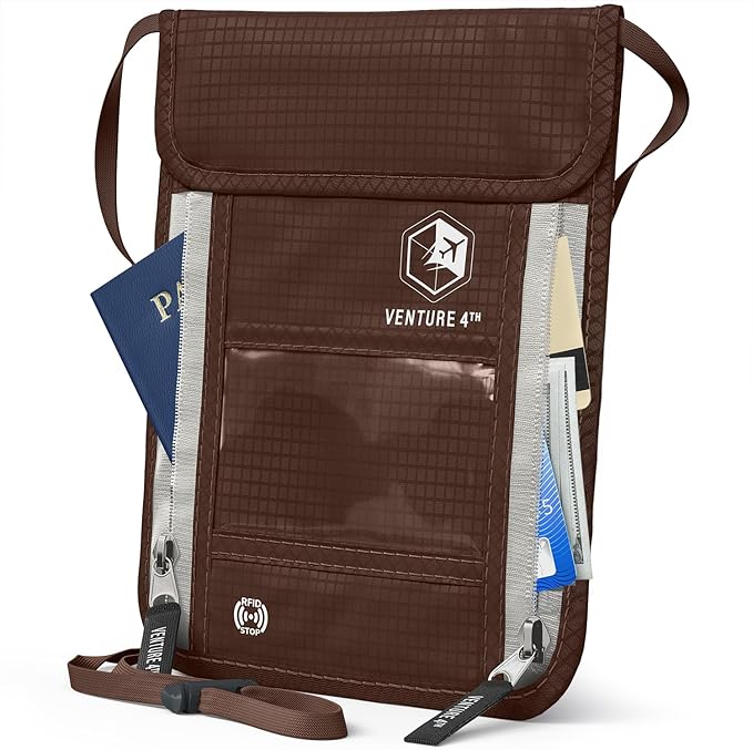 VENTURE 4TH Travel Neck Wallet, RFID Blocking Passport Holder - Brown