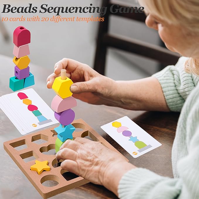 Activities for Dementia Patients, Memory Cognitive Games for Seniors, 3-in-1 Shape Matching Alzheimers Products for Elderly, Beads Sequencing Lacing Busy Box Board Gadgets Gifts