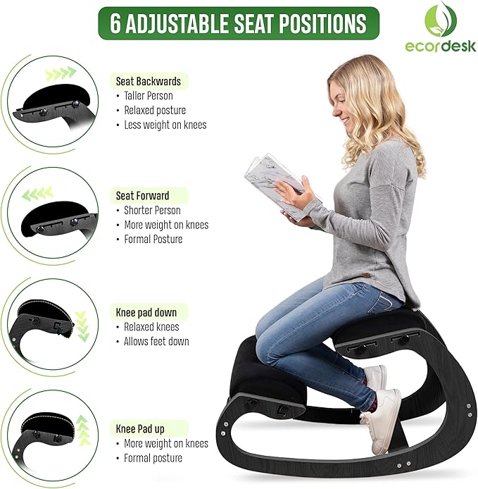 Ergonomic Kneeling Chair, Adjustable Seat - Office Chair for Desk, Posture Corrector, Premium Comfort Cushion, Wooden Rocking Knee Chair (Black Frame)