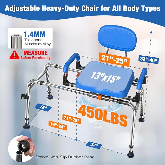 Sliding Shower Chair with Wide 360° Swivel Seat, 450lbs Tub Transfer Bench for Bathtub, Adjustable Height and Arms Width Shower Seat for Inside Shower, Shower Chair for Elderly and Disabled
