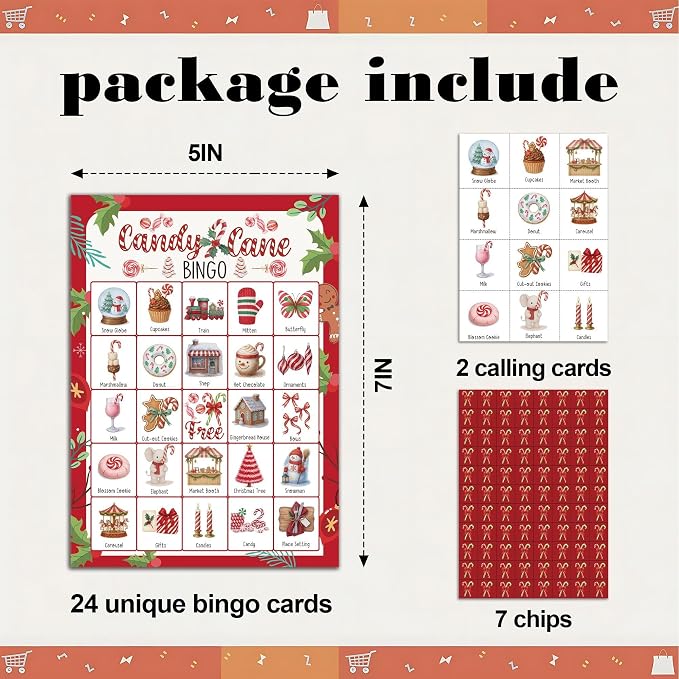 Christmas Party Bingo Game Cards, Candy Cane Bingo Set for Adults Large Group, Winter Holiday Fun Party Games, Xmas Activities Icebreaker Games, for Family Friends, 05