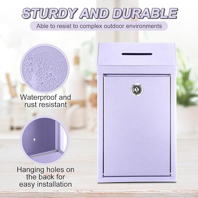 Yaocom Metal Money Box,Morandi Purple,10.24 x 5.71 x 2.95 Inch,No Lid | Wall Mounted Drop Donation Cash Box for Farm Stand Collection Safe Suggestion Box with Lock Container for Home Office Outdoor