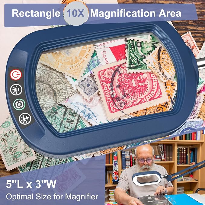 16" Extra Long Magnifying Glass with Light and Clamp, Real Glass, 5 Color Modes, Stepless Dimmable, Lighted Magnifier with Stand Hands Free, LED Swing Arm Desk Lamp for Close Work, Craft, Blue