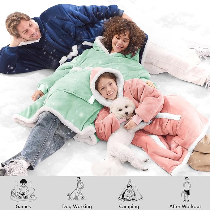 JOYWOO Pink Kids Wearable Blanket Hoodie,Oversized Cat lovers Hoodie Blanket for kids & Teens,Birthday Gifts for Girl Boys,Warm Cozy Fuzzy Sherpa Fleece Blankets with Giant Pocket Gifts,Mellow Rose