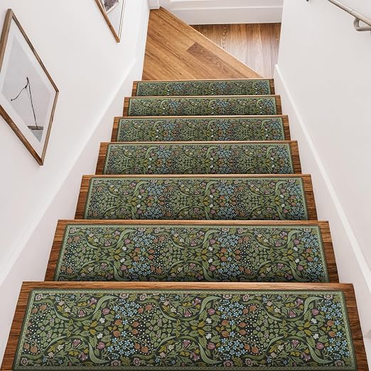 OJIA Stair Treads Non-Slip Stair Runner for Wooden Steps Indoor 15PC 30"x8" | Carpet Stair Treads Floral Stair Mats Staircase Step Treads for Kids, Elders and Dogs, Stair Covers, Green