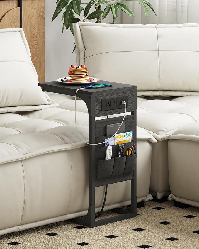 TUTOTAK C Shaped End Table with Charging Station, Side Table for Sofa | Couch Table with Storage Bag, TV Tray with 2 USB Ports and Outlets, Set of 2, Living Room and Bedroom, Black TB01BK0242
