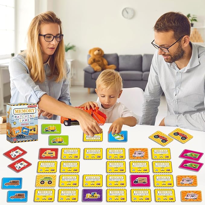 gisgfim 100 PCS Memory Matching Game Trucks Concentration Memory Card Games for Kids Preschool Educational Ages 3-8 A Fun & Fast Vehicle Theme Matching Games