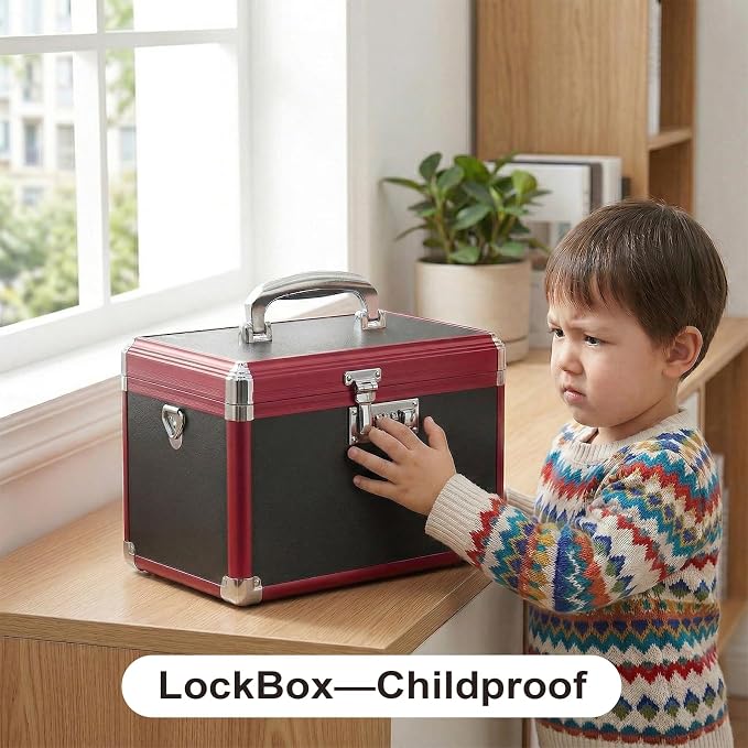 Medicine Lock Box with Combination Lock - 16" Hard Case First Aid Safe Medication Storage with Removable Tray & Pockets for Pills, Home, Car & Outdoor - Black Red