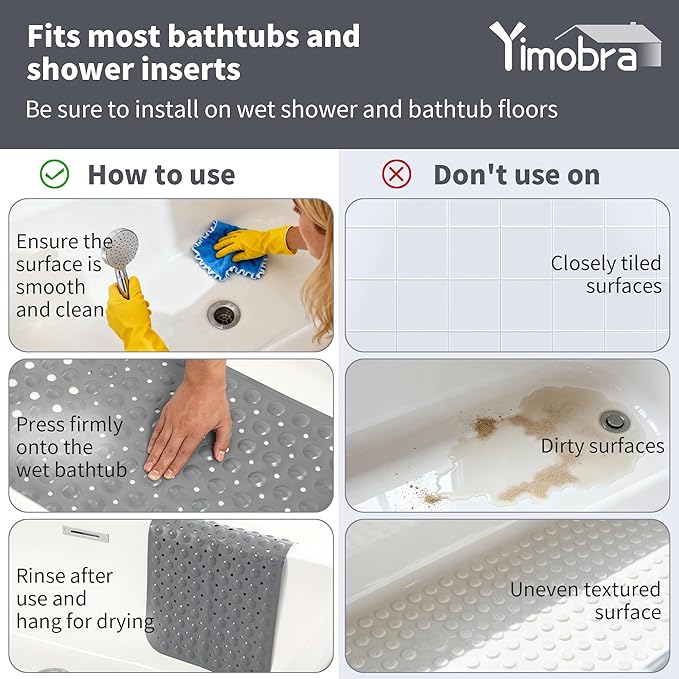 Yimobra Non Slip Bathtub Mat 40 x 16 Inch, Extra Long Shower Mat with Drain Holes, Machine Washable Baby Bath Mats, Strong Suction Cups for Bathroom Floor, Grey