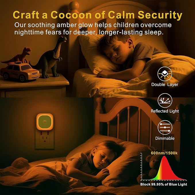 2 Pack Night Lights Plug into Wall, Motion Sensor Nightlight, Amber | 3 Modes, Dimmable Reflected Glow, Dusk to Dawn Sensor, Plug in LED Lights for Kids, Bedroom, Sleep, Bathroom, Nursery, Kids