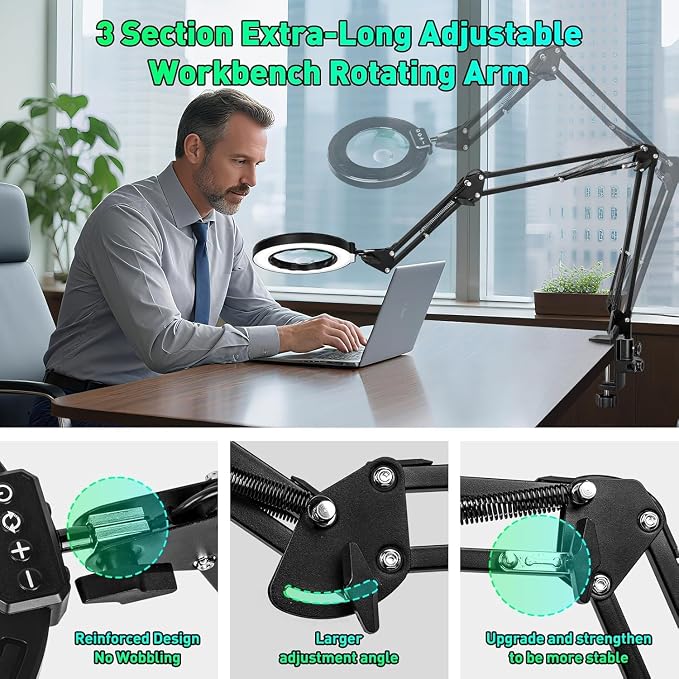 12X 30X Magnifying Glass with Light and Clamp, Soldering Helping Hand | 3-Section Swing Arm Hands-Free Workbench Lighted Magnifier, 5 Color Stepless Dimming, LED Desk Lamp for Craft Hobby Painting