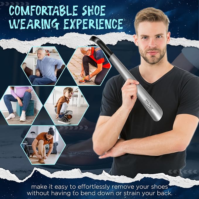 NINEMAX Shoe Horn Long Handle for Seniors Men Women, Metal Long Shoehorn for Boots Stainless Steel Shoe Spoon Helper 16.5''(Pack of 2)