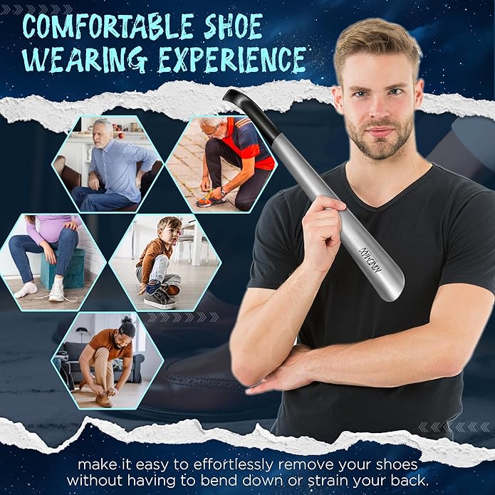 NINEMAX Shoe Horn Long Handle Metal 16.5" for Boot, Long Shoe Horns for Seniors for Men, Women