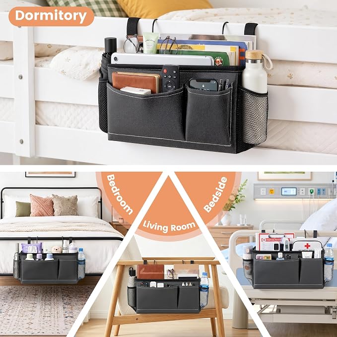 Bedside Caddy for Dorm Bed, Bedside Storage Bag Hanging Organizer | Metal Frame, Water-Resistant Lining, Fits Bed Rails up to 2.2 In, Adjustable Straps, Bunk and Hospital Beds(1 Pack, Dark Grey
