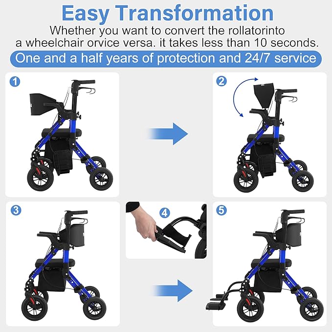 Rollator Walkers for Seniors with Seat, Walker Wheelchair Combo, 2 in 1 Rolling Walker Transport Wheelchair Lightweight Foldable, 10" Big Wheels Transport Chair with Brakes,Blue