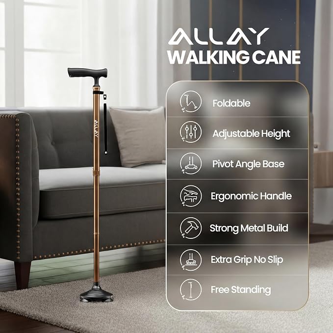 Allay Walking Canes for Men & Women - Adjustable Canes for Women for Stability, Self Standing Wide Quad Pivot Base, Light Weight, Soft Handle Grip and Travel Bag, Walking Sticks for Seniors