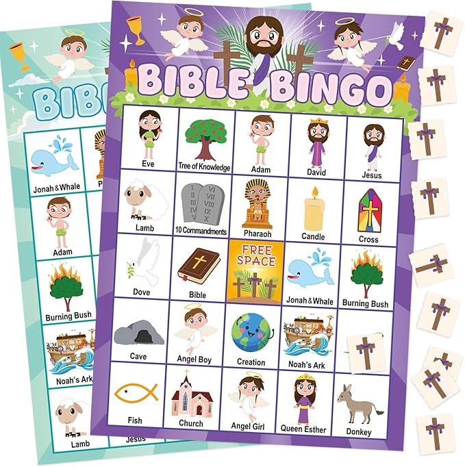 WorldBazaar Bible Bingo Game for Kids 24 Players Jesus Christian Bingo Game Cards Vacation Bible Sunday School Church Family Open Day Classroom Supplies