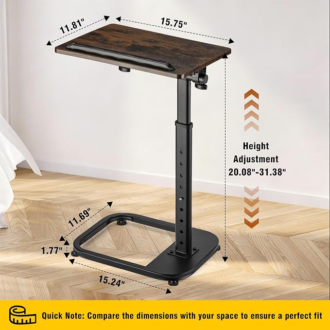 facka Adjustable Height TV Tray Table for Couch Eating, Laptop Small Spaces | C Shaped Flip-Top Couch Table, 9-Level 20-31 in Height Range, Rounded Corners, Sofa Side Table Brown