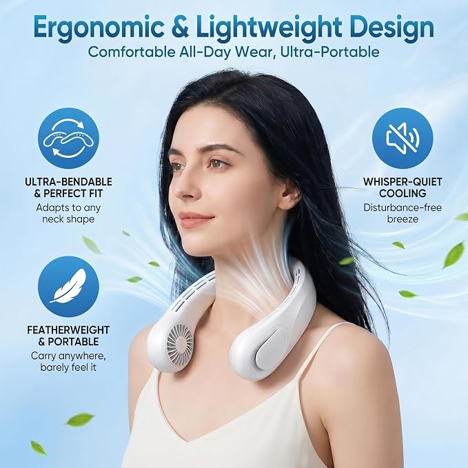 TREDY Neck Fan Portable Rechargeable, 4000mAh Battery Operated Wearable Personal Fan, 5 Speeds Bladeless Cooling Fan, Quiet Hands-Free Fan for Travel, Outdoor, Office