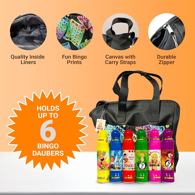 LUCKY LADY DAUBER CO. Neon Bingo Bags with Pockets, 6 Pocket Bingo Daubers Bag with Inside Liner and Sweet on Bingo Lucky Charm - Card and Dauber Bingo Bags for Women, Black Bingo Dauber Bag