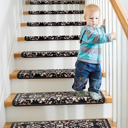 RORA Bullnose Stair Treads for Wooden Steps, Non Slip Stair Carpet 14pcs | Washable, Self-Adhesive, Floral Stair Rug Runner with Edge Protection for Indoor, Pets & Elder, 29.5 x 9.5x 1.7, Black