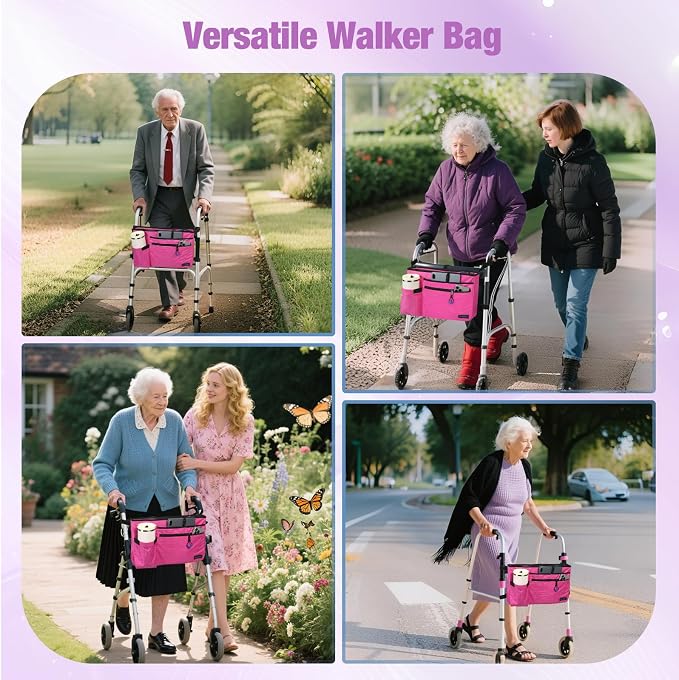 ZHCHG Walker Bag with Cup Holder, Walker Accessories for Seniors Detachable | Foldable Walker Basket with Large Capacity, Best Gift (Not Fit Rollator Walkers)- Pink