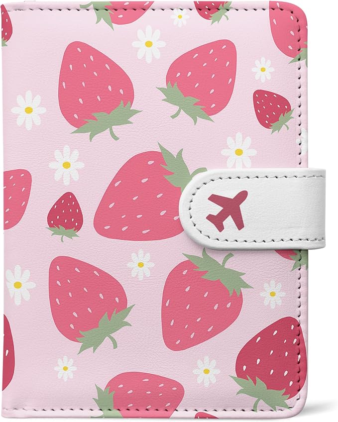 Passport Holder, Cute Travel Wallet Cover with RFID Blocking,Strawberry | PU leather travel wallet with magnetic closure, card slots, pen loop, and easy access for passports and essentials.