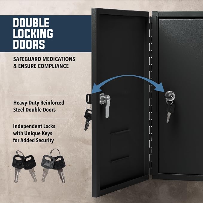 Durabox 2-Door Narcotics Cabinet - Double Door & Dual Key Lock Steel Cabinet for Safe Storage of Medicine, Prescription Drugs, Medical Supplies and More, 10"W x 15"H x 4-1/2"D (Black, Small)