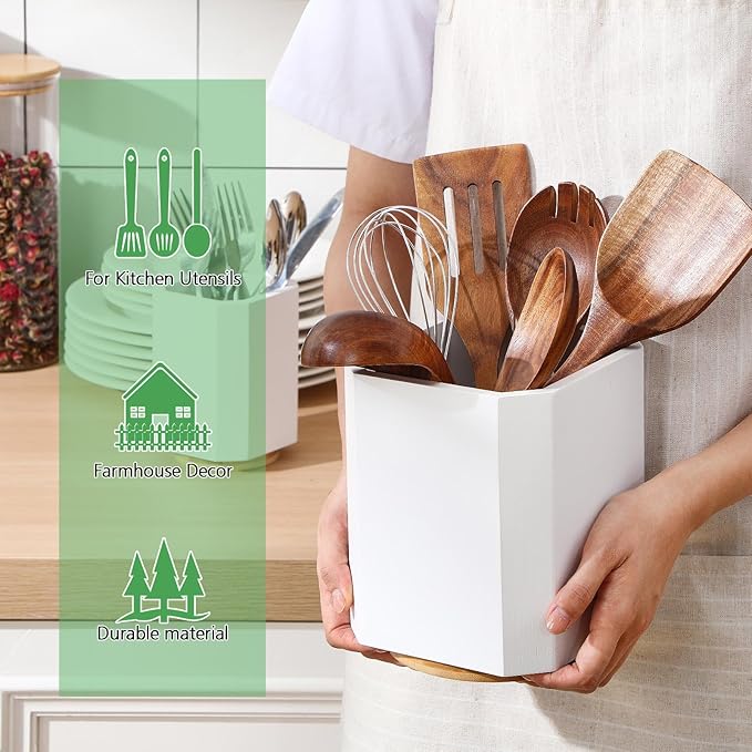 2 Pack Wooden Utensil Holder, 360°Rotating Kitchen Cooking Utensil Crock, Spoon Spatula Holder for Kitchen Counter, Farmhouse Countertop Organizer(White,Square)