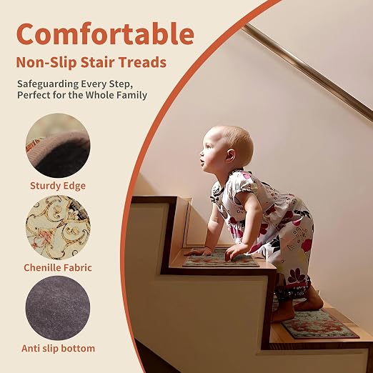 Non Slip Stair Treads for Wooden Steps, 1 Pack 30"x30" Washable Carpet | 30x30 in soft chenille polyester stair treads with reusable TPE backing for indoor wood stairs, dogs, kids, and seniors
