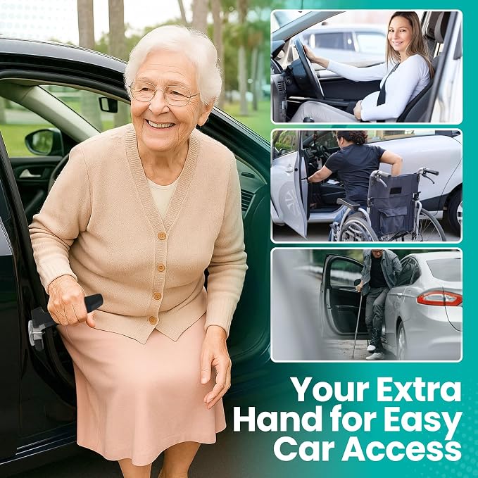 Car Door Handle for Elderly - Car Cane Mobility Aid Tool, Steel Hook, Supports Up to 300 lbs, 3 in 1 Car Door Latch Bar for Seniors & Handicapped, Easy Tool-Free Use, Pack of 1 - (Black)