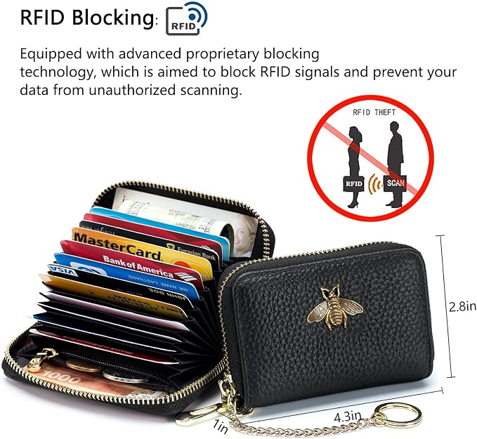 imeetu RFID Credit Card Holder, Small Card Wallet Women, Leather Card Case | Genuine Leather Women's Card & id Cases, Change Coin Purse with Zipper Keychain id Window, 20 Colors & 3 Styles, Daily, Gifts